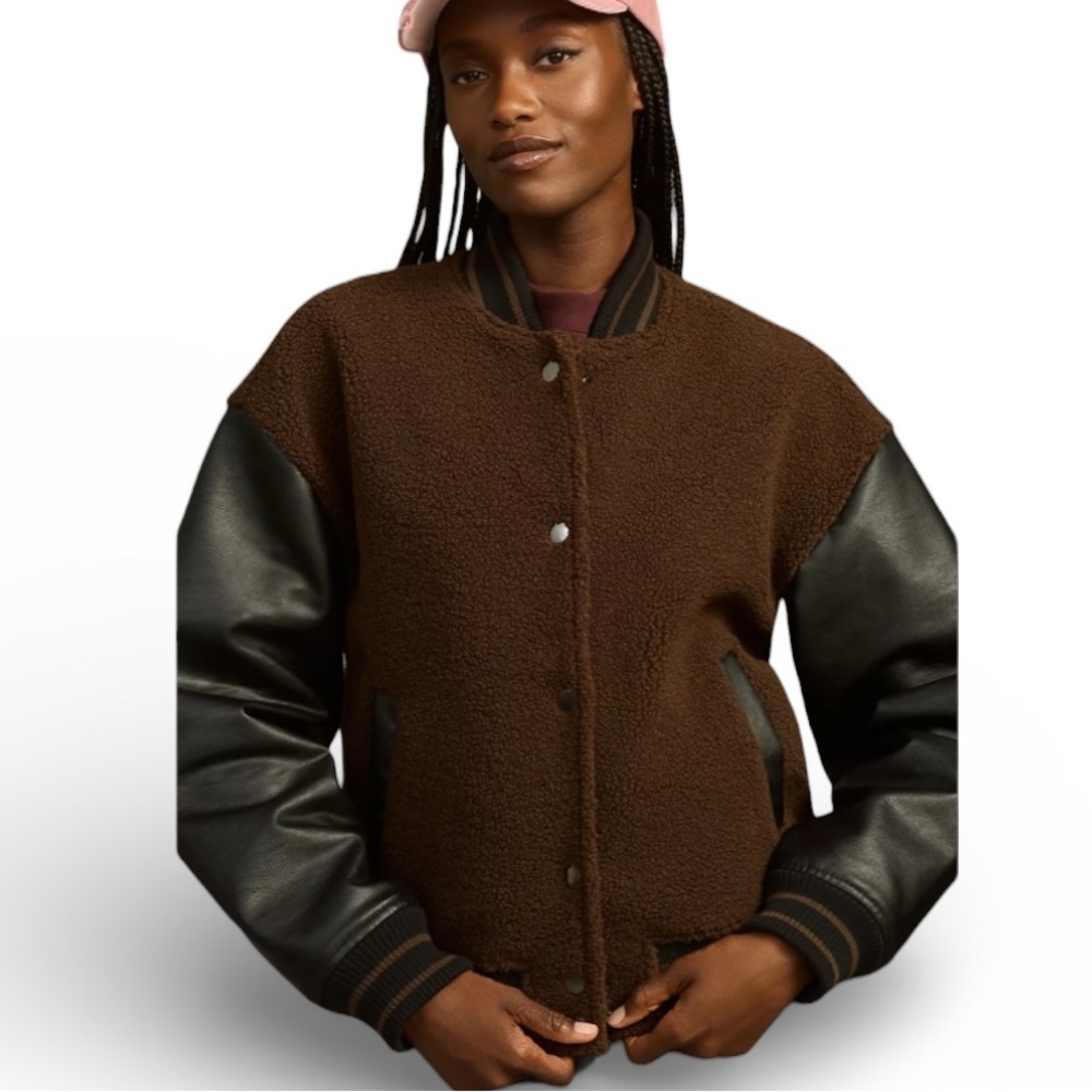 Anthropologie Sherpa Varsity Bomber Jacket Women’s L Black/Brown Faux Leather